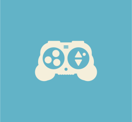 Game controller icon on a blue background.